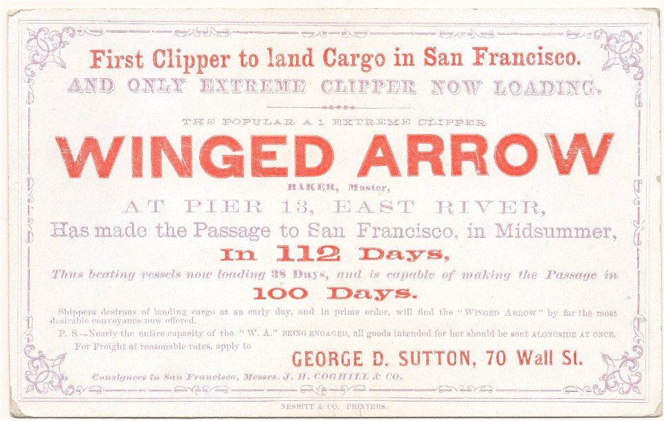 WINGED ARROW Clipper ship sailing card HN002818aA