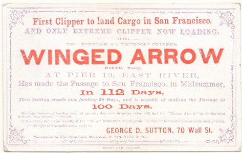 WINGED ARROW Clipper ship sailing card HN002818aA. Free illustration for personal and commercial use.