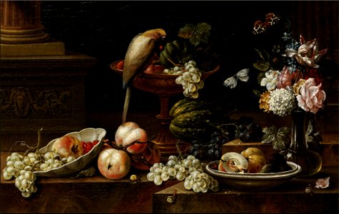 Johann Amandus Winck - Stilleben mit Blumen, Früchten, Graupapagei und anderen Tieren