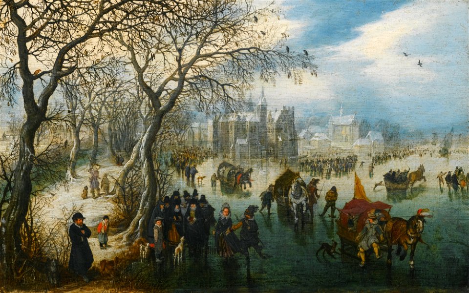 Winter landscape with elegant figures on the ice before a town