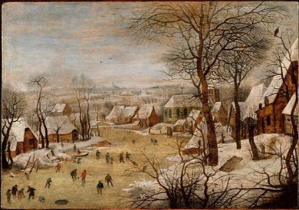 Winter Landscape with Skaters and a Bird Trap (Pieter Bruegel d.y.) - Nationalmuseum - 21111. Free illustration for personal and commercial use.