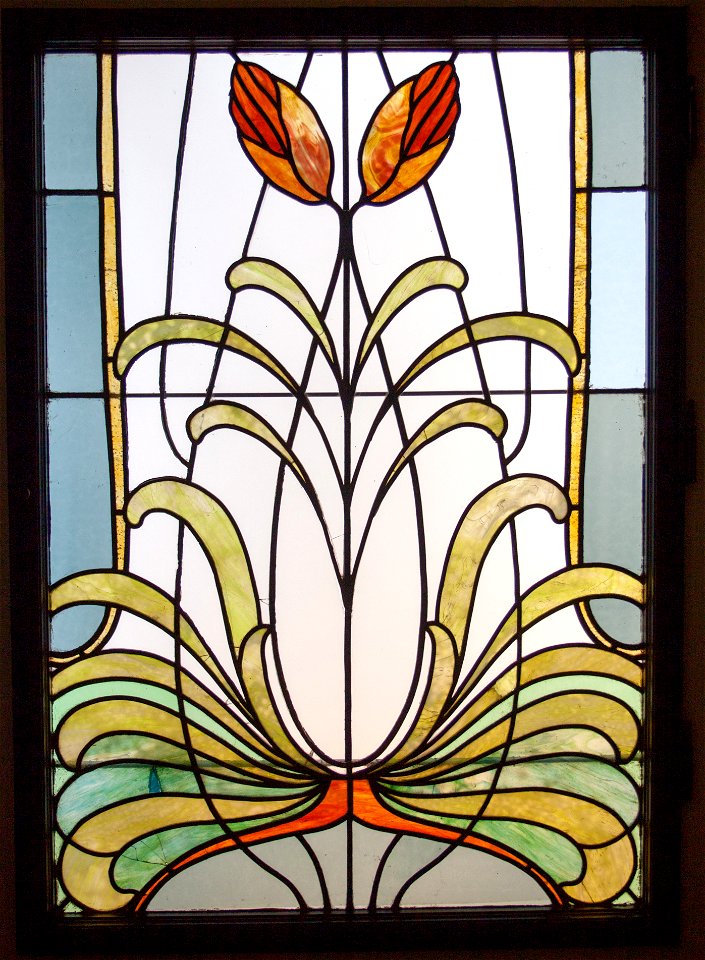 Window with flower motives from the Villa Alpár. Free illustration for personal and commercial use.