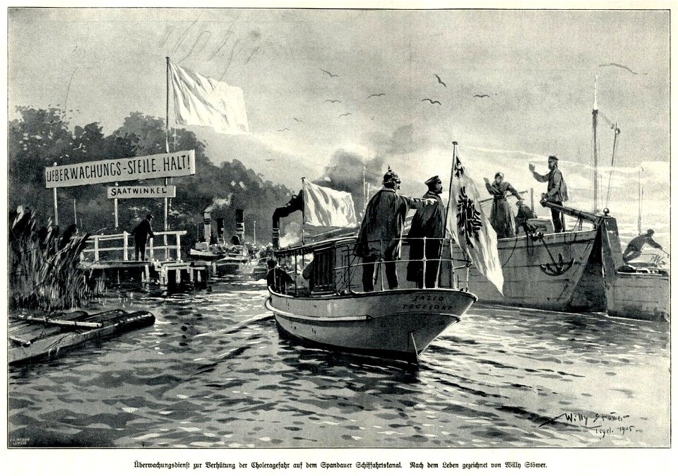 Willy Stöwer - Überwachungsdienst zur Verhütung der Choleragefahr auf dem Spandauer Schiffahrtskanal, 1905