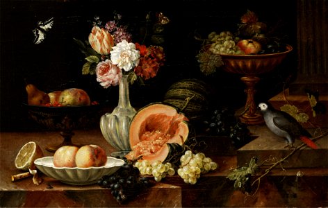 Johann Amandus Winck - Stilleben mit Blumen, Früchten, Papagei und anderen Tieren