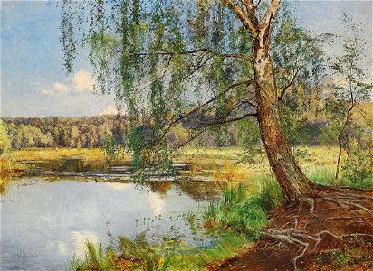 Frederik Winther - Sommerdag med stort birketræ ved en sø i skovens udkant - 1910