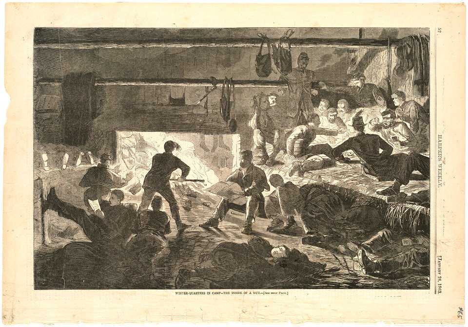 Winter-quarters in camp -- The inside of a hut (Boston Public Library)
