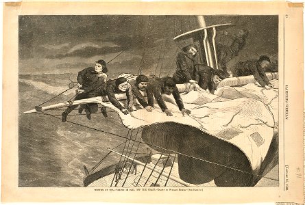 Winter at sea -- Taking in sail off the coast (Boston Public Library)