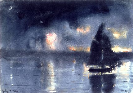 Winslow Homer - Sailboat and Fourth of July Fireworks. Free illustration for personal and commercial use.