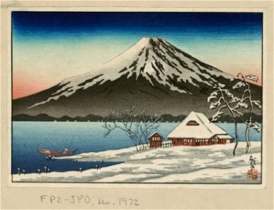 Winter landscape with small snow-covered building on the coast and view of Mount Fuji LCCN2008660885