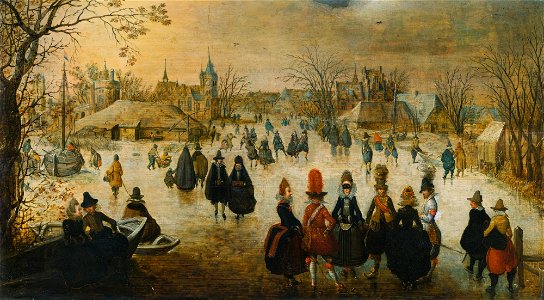 Winter Landscape With Skaters on a Frozen River Outside a Village