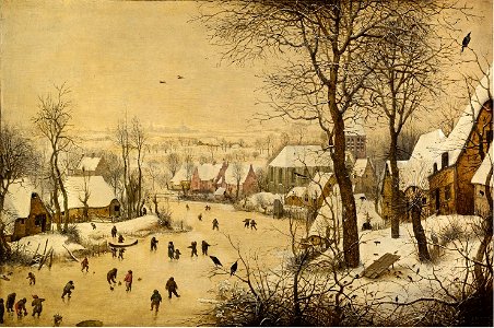 Winterlandschap met schaatsers en vogelknip, 1565