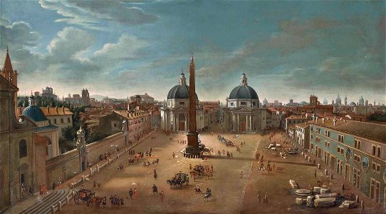 Piazza del Popolo (Rome) looking south towards the churches of Santa Maria di Monte Santo and Santa Maria dei Miracoli (by Follower of Gaspar van Wittel)
