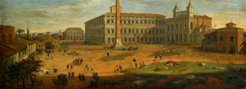Rome, a view of Piazza San Giovanni Laterano with figures and horse-drawn carts (by Gaspar van Wittel)