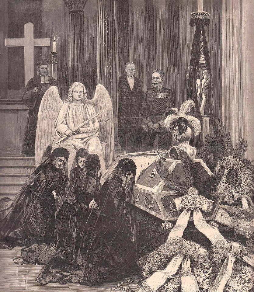 Witwe Victoria am Sarg Kaiser Friedrichs in der Friedenskirche in Potsdam, 1888