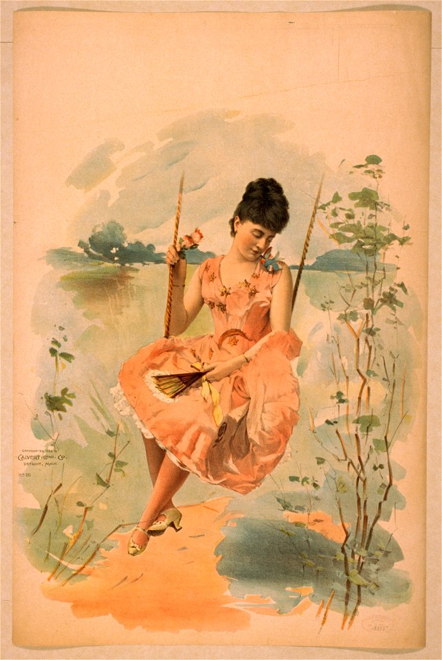 Woman wearing pink dress, holding fan, and sitting on swing LCCN2014636874