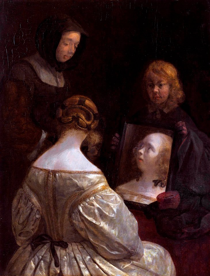 Woman in front of a mirror, by Gerard ter Borch (II)