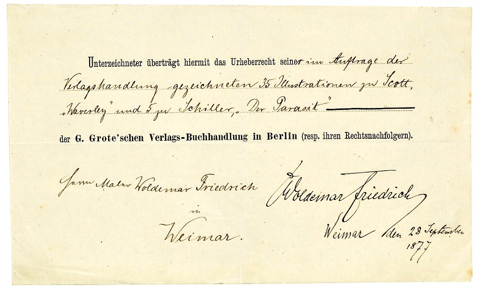 Woldemar Friedrich überträgt Urheberrecht der G. Groteschen Verlagsbuchhandlung, 1877. Free illustration for personal and commercial use.