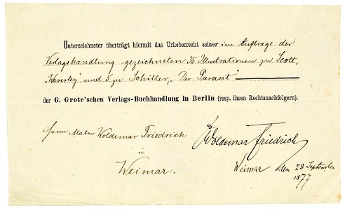 Woldemar Friedrich überträgt Urheberrecht der G. Groteschen Verlagsbuchhandlung, 1877. Free illustration for personal and commercial use.