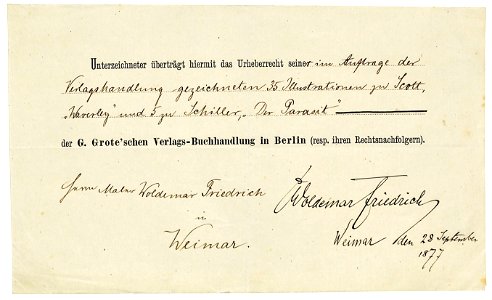 Woldemar Friedrich überträgt Urheberrecht der G. Groteschen Verlagsbuchhandlung, 1877