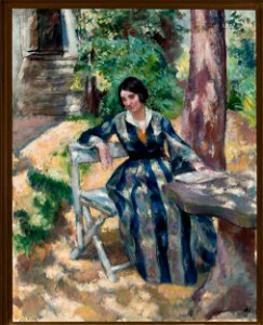 Wojciech Weiss - Portrait of Irena, artist’s wife, in the garden - MP 218 MNW - National Museum in Warsaw. Free illustration for personal and commercial use.