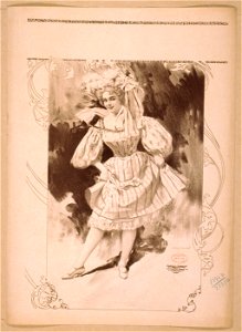 Woman wearing large hat and short skirted dress, holding up skirt revealing petticoat LCCN2014636846