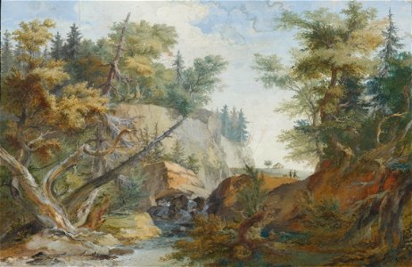 Caspar Wolf - Hügelige Landschaft mit einem Fluss und Figurenstaffage (ca. 1768)