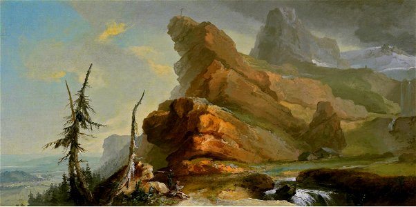Caspar Wolf - Ideale Hochgebirgslandschaft mit Ausblick auf ein weites hügeliges Tal (ca. 1777)