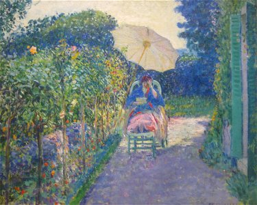 Woman Seated in a Garden, Frieseke. Free illustration for personal and commercial use.