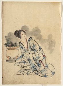 Woman, possibly a courtesan, sitting next to a flowerpot, facing left with head turned to the right, wearing kimono with starburst design that mimics the plants in the pot LCCN2009631910
