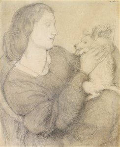 Woman Holding a Dog by Dante Gabriel Rossetti. Free illustration for personal and commercial use.