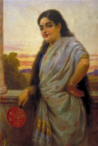 Woman holading a fan by Raja Ravi Varma. Free illustration for personal and commercial use.