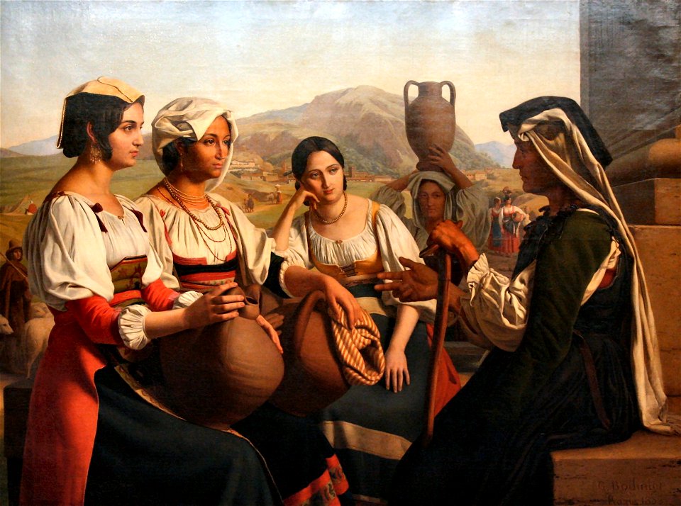Women at the fountain, listening to an old woman - Guillaume Bodinier