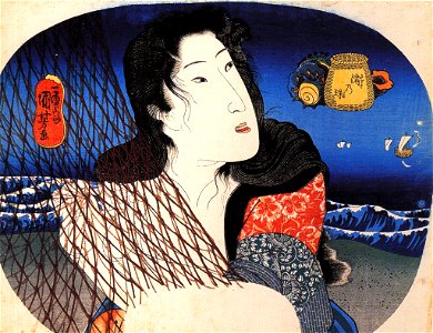 Woman mending a fish net. Free illustration for personal and commercial use.