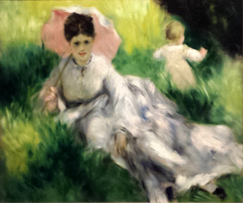 Woman with a Parasol and Small Child on a Sunlit Hillside