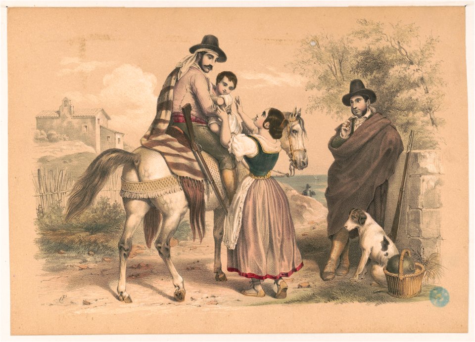 Woman beside man on horse with child LCCN2004669486