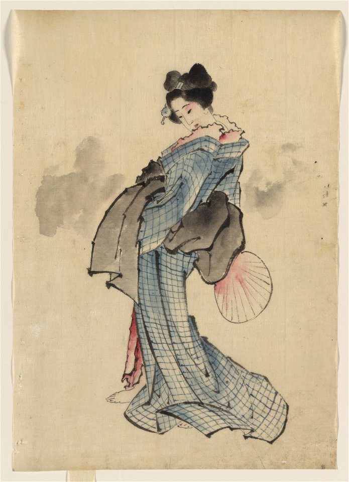 Woman, full-length portrait, standing, facing left, holding fan in right hand, wearing kimono with check design LCCN2009631911