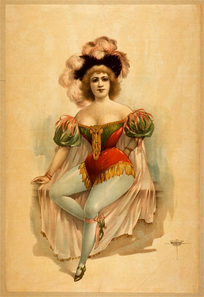 Woman wearing brief costume, blue tights, pink cape with feathers in her hair LCCN2014635682