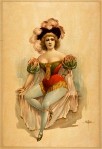 Woman wearing brief costume, blue tights, pink cape with feathers in her hair LCCN2014635682