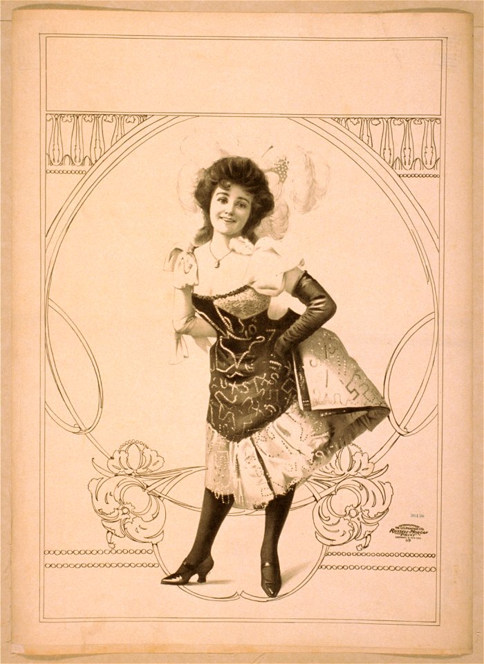 Woman wearing short skirted dress with hands on hips and feathers in her hair LCCN2014636851