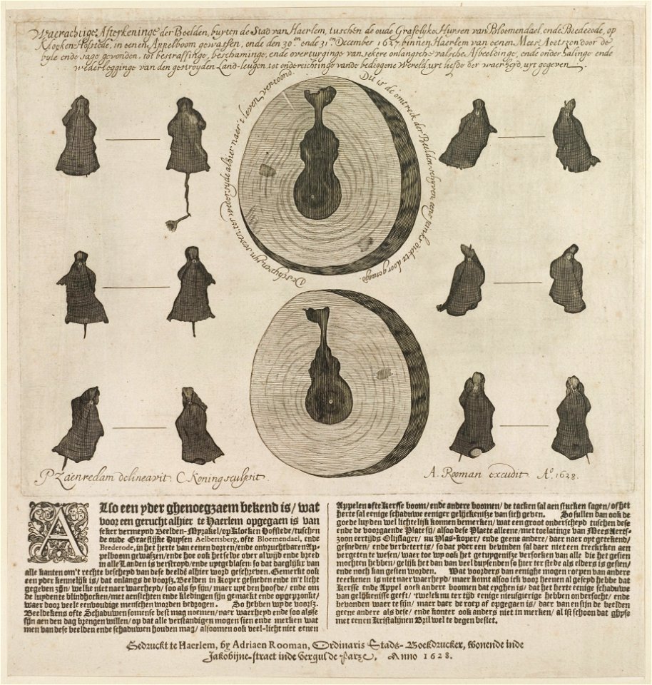 Wonderlijke speling der natuur. Figuren gevonden in een tak van een appelboom op de Kloekenhofstede (Cloeckendaal) te Santpoort. Kopergravure van C. Koning naar P.J. Saenredam, NL-HlmNHA 53004319 M