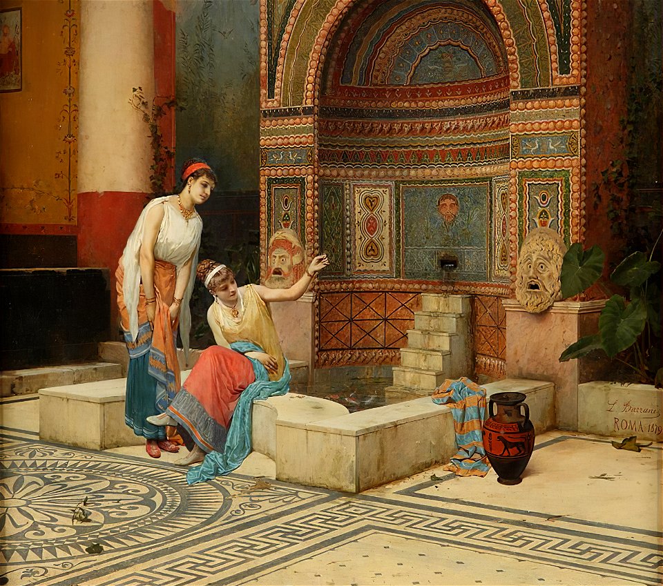 Women in a Pompeian Atrium feeding fish (Detail) by Luigi Bazzani, before 1927