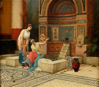 Women in a Pompeian Atrium feeding fish (Detail) by Luigi Bazzani, before 1927