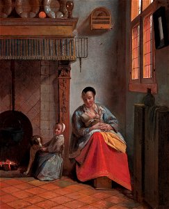 Woman nursing a child, by Pieter de Hooch. Free illustration for personal and commercial use.