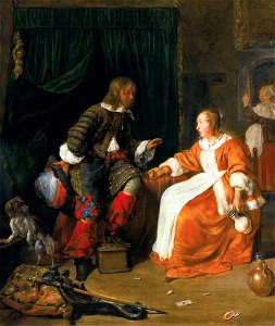 Woman offering a glass of wine to a man, by Gabriel Metsu. Free illustration for personal and commercial use.