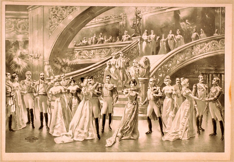 Women in ball gowns and men in military uniforms observing embracing couple at foot of staircase LCCN2014636865