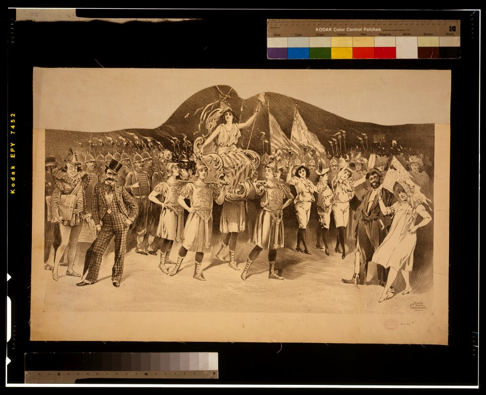Woman draped in flag carried by women in Roman costume, surrounded by crowds LCCN2014635684