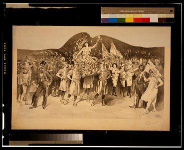 Woman draped in flag carried by women in Roman costume, surrounded by crowds LCCN2014635684
