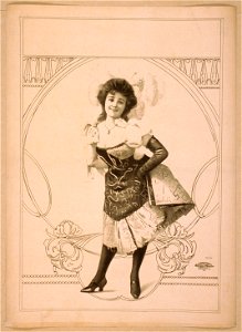Woman wearing short skirted dress with hands on hips and feathers in her hair LCCN2014636851