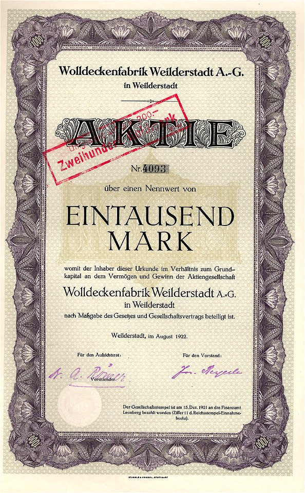 Wolldeckenfabrik Weilderstadt AG 1000 Mk 1922