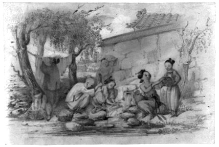 Women and girls, outside a building, washing clothes in a stream by pounding and rinsing, and hanging on a rope strung between two trees LCCN2011660587